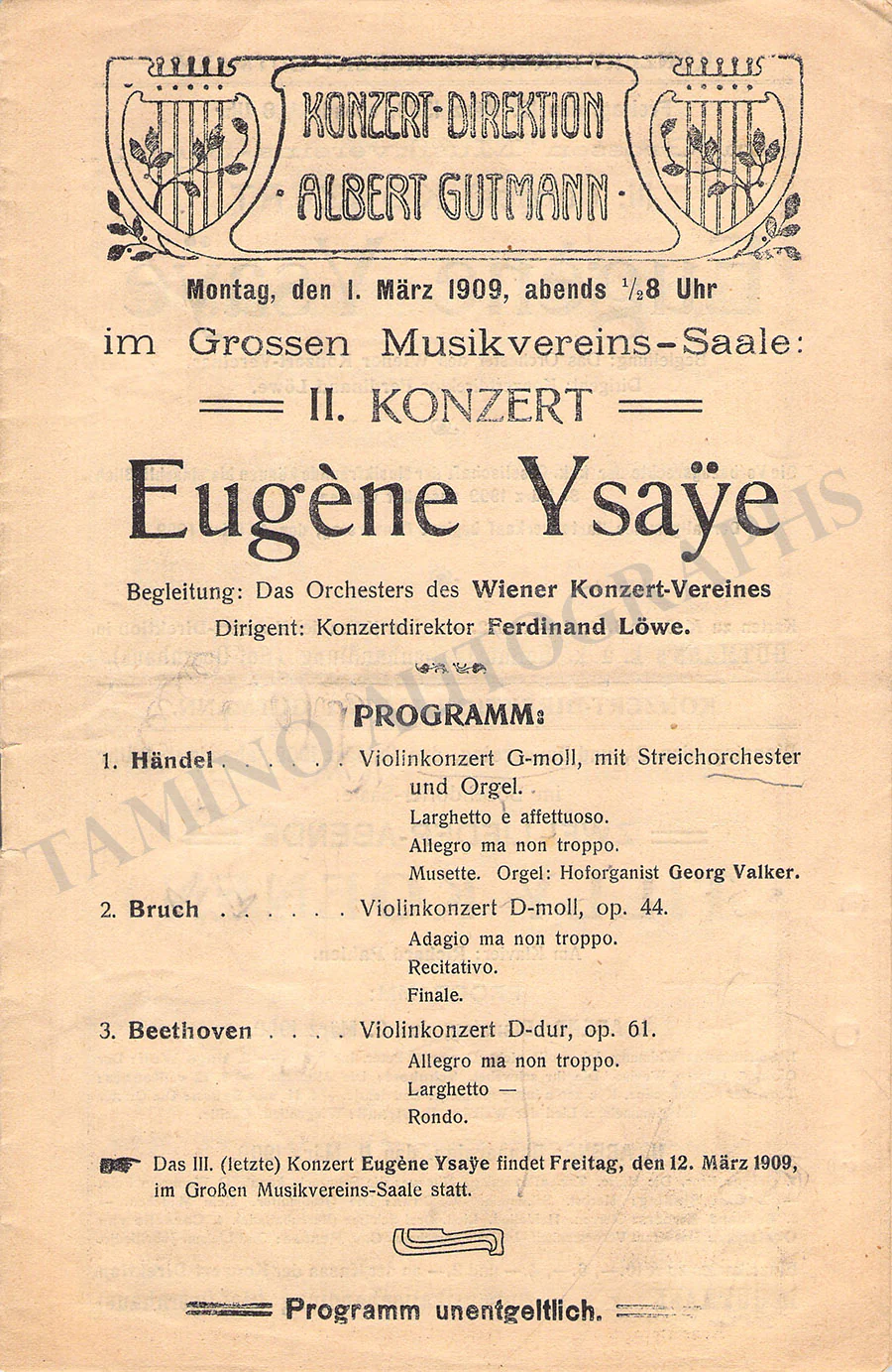 Ysaye, Eugene - Concert Program Vienna 1909