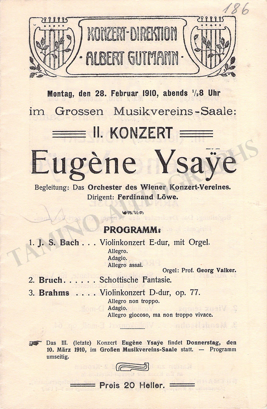 Ysaye, Eugene - Set of 8 Concert Programs Vienna 1902-1911