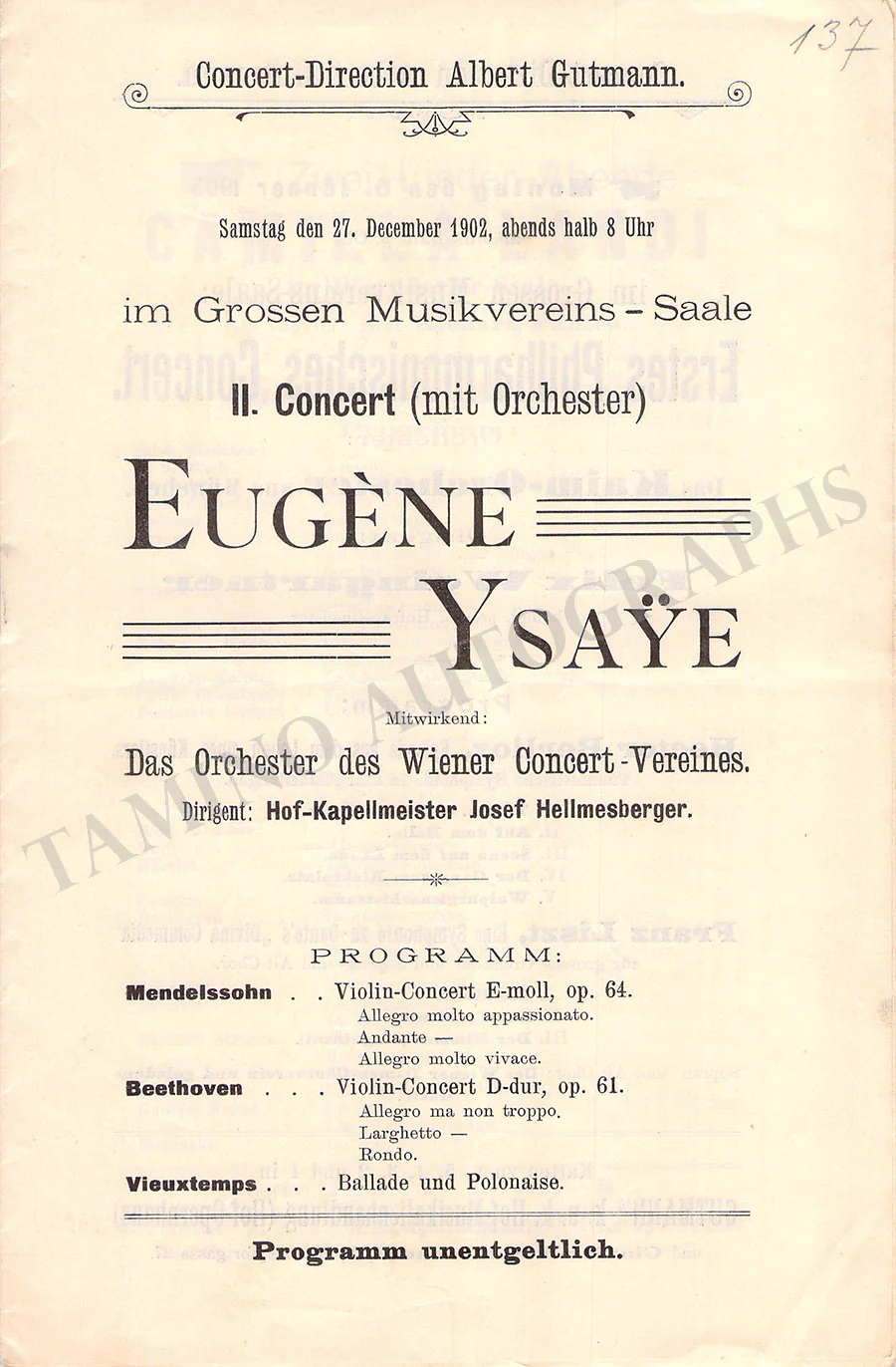 Ysaye, Eugene - Set of 8 Concert Programs Vienna 1902-1911 - Image 5