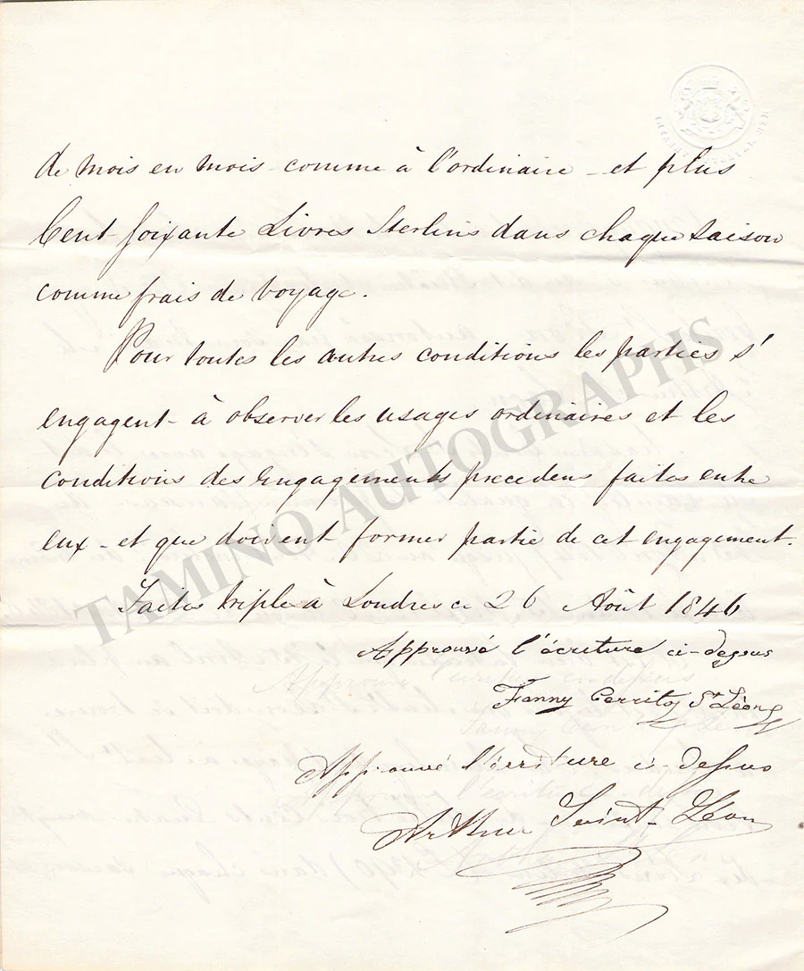Cerrito, Fanny - Signed Contract 1846 - Image 2