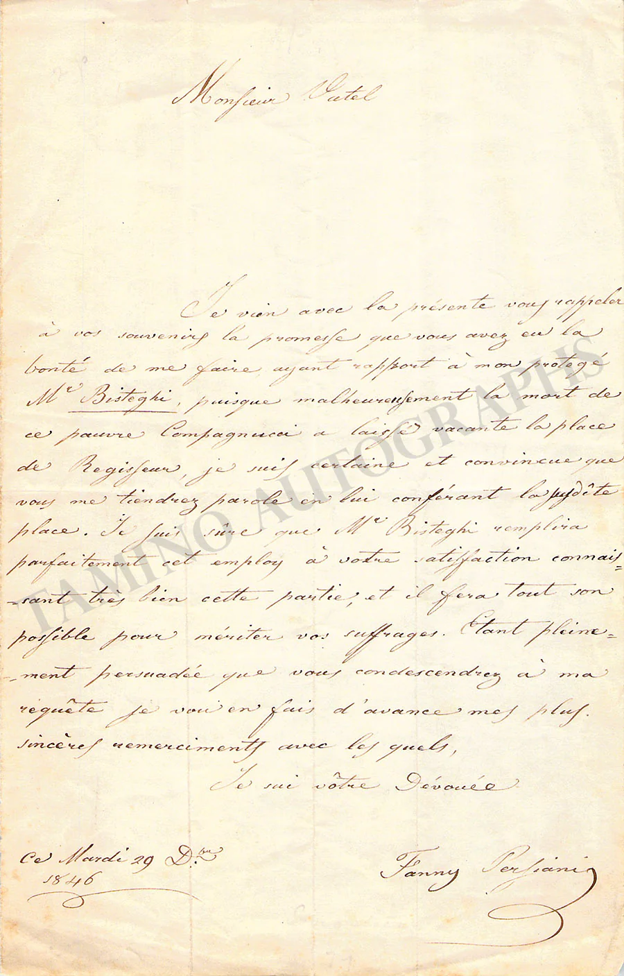 Persiani, Fanny - Autograph Letter Signed 1846