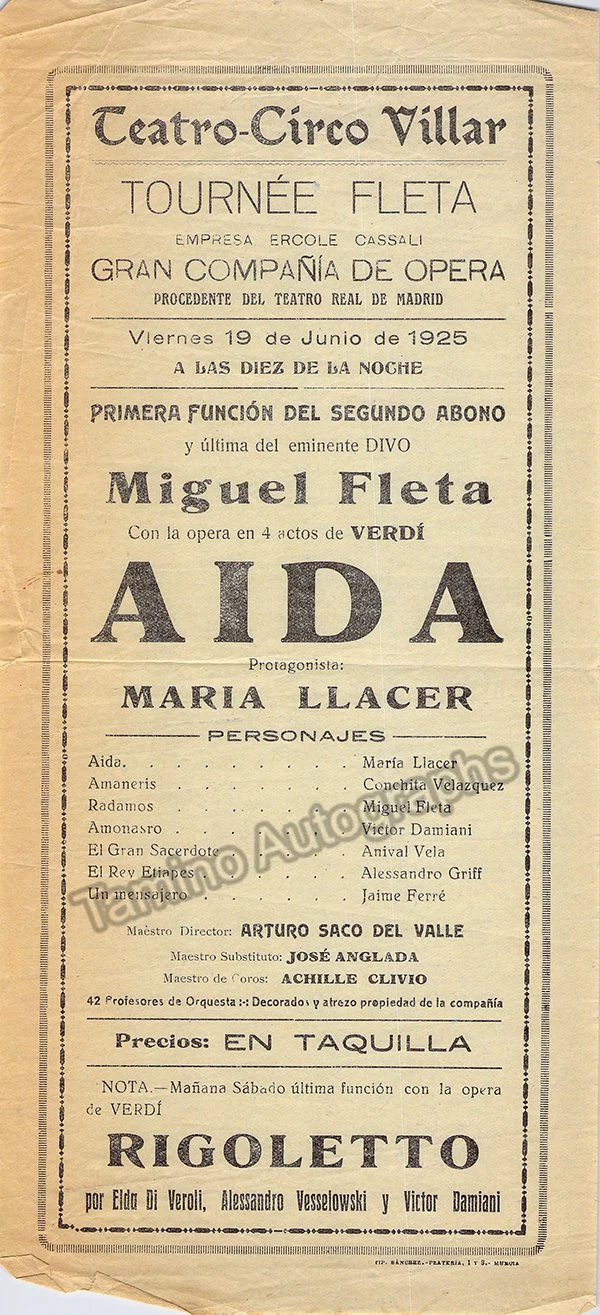 Fleta, Miguel - Playbill Teatro-Circo Villar - Madrid 1925