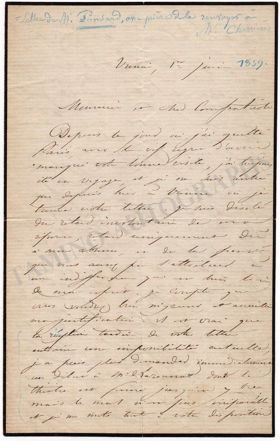 Ponsard, Francois - Autograph Letter Signed 1859