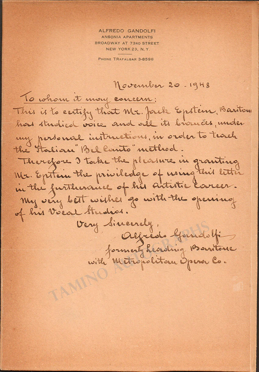 Gandolfi, Alfredo - Autograph Letter Signed 1948