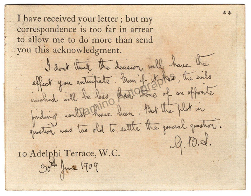 Shaw, George Bernard - Autograph Note Signed 1909