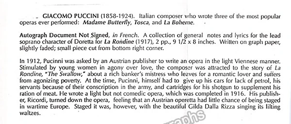 Puccini, Giacomo - Autographs Manuscripts (Various Options) - Image 69