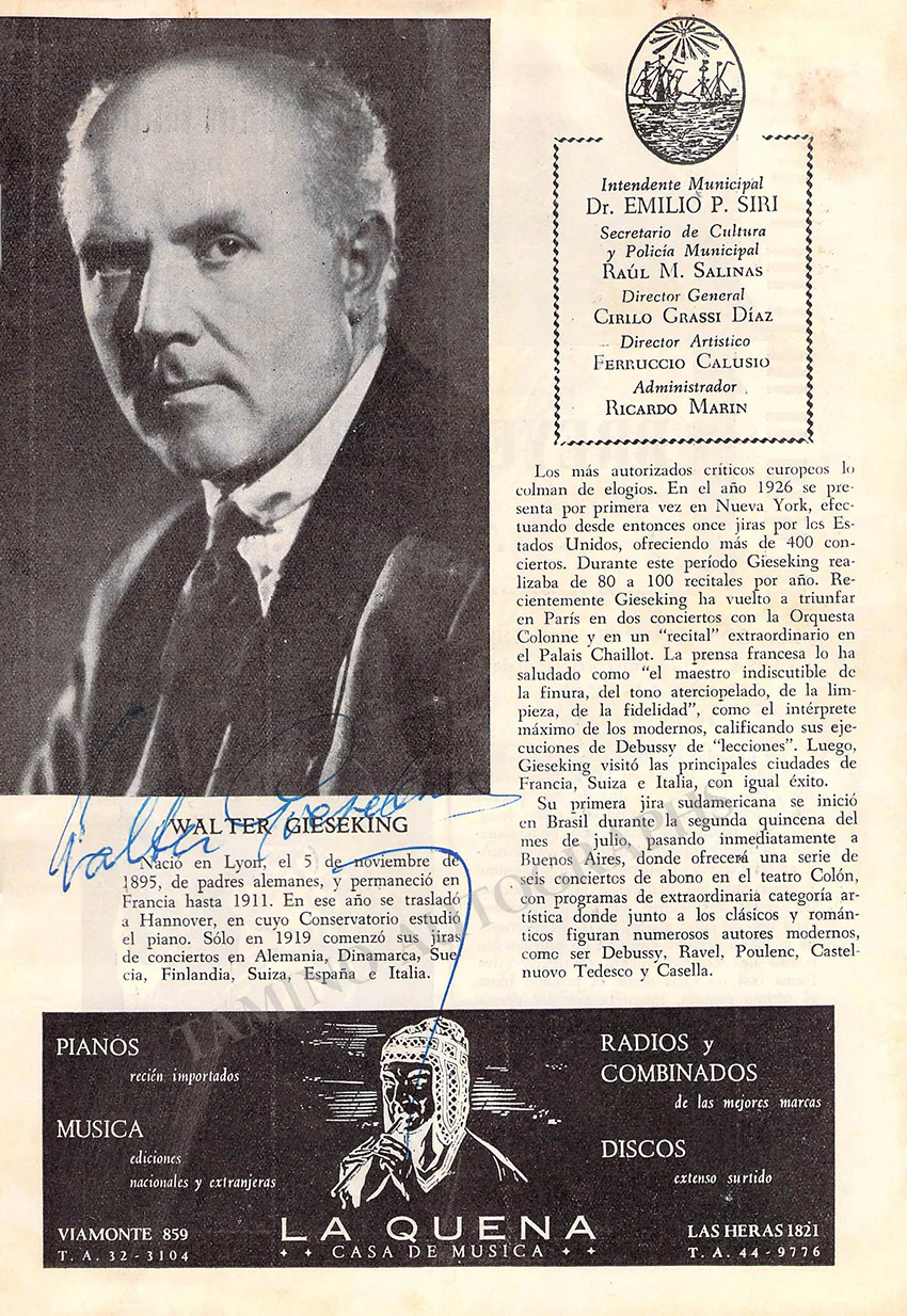 Gieseking, Walter - Signed Concert Program Buenos Aires 1948 - Image 2