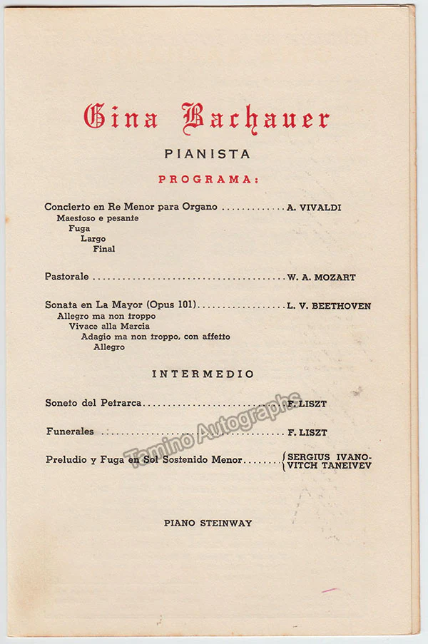 Bachauer, Gina - Signed Program Havana 1957 - Image 2