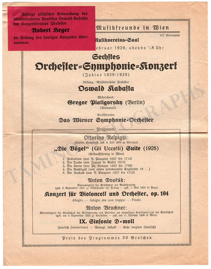 Piatigorsky, Gregor - Concert Program Vienna 1929