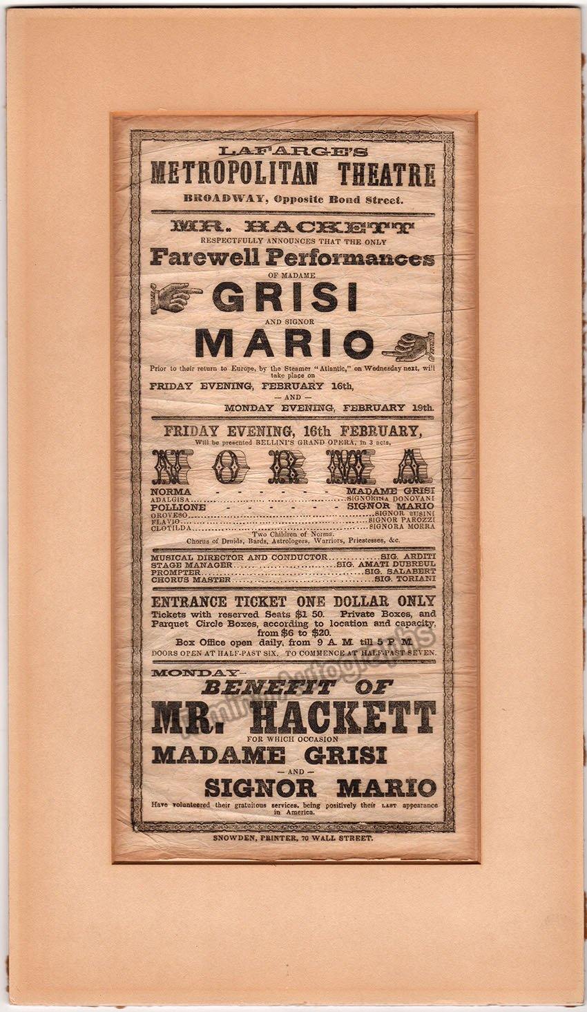 Grisi, Giulia - Mario, Giovanni - Playbill Advertisement