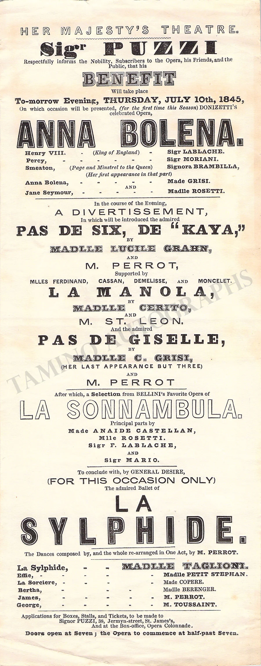 Grisi, Giulia - LaBlache, Luigi & Others - Concert Playbill 1845