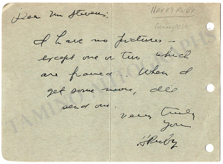Ruby, Harry - Autograph Music Quote Signed 1944 - Image 2
