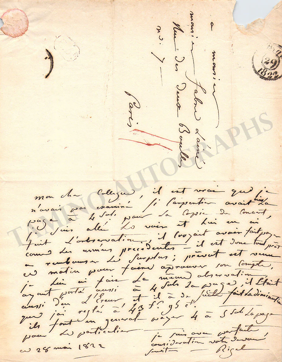 Rigel, Henri-Jean - Autograph Letter Signed 1822