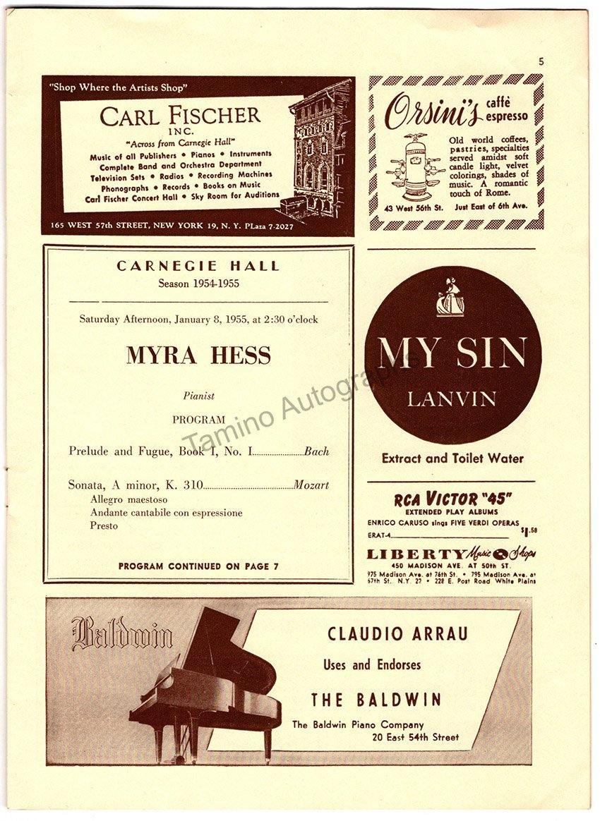 Hess, Myra - Program Carnegie Hall 1955 - Image 2