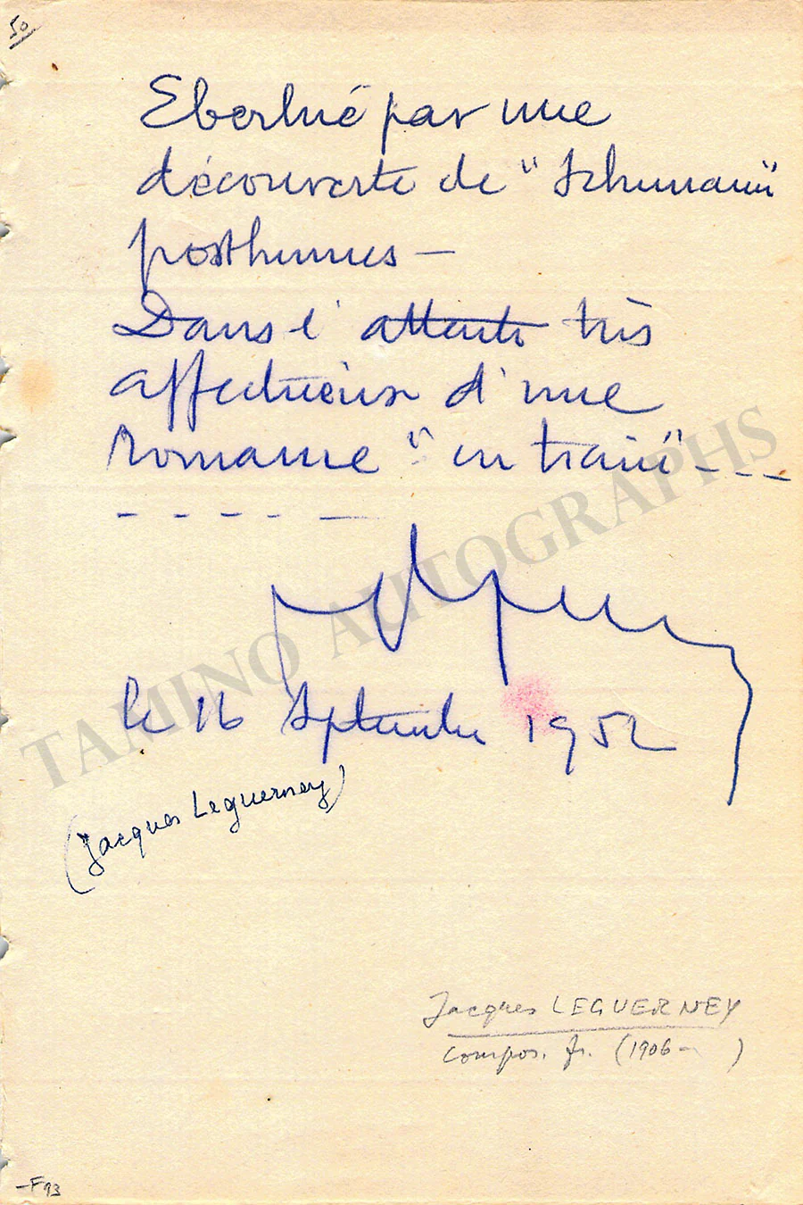 Leguerney, Jacques - Autograph Note Signed 1952
