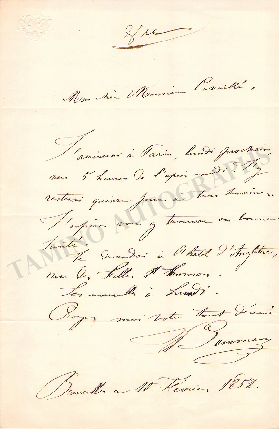 Lemmens, Jacques-Nicolas - Autograph Letter Signed 1852