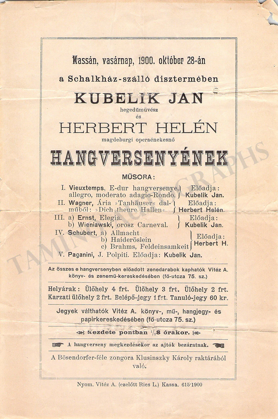 Kubelik, Jan - Concert Program Budapest 1900