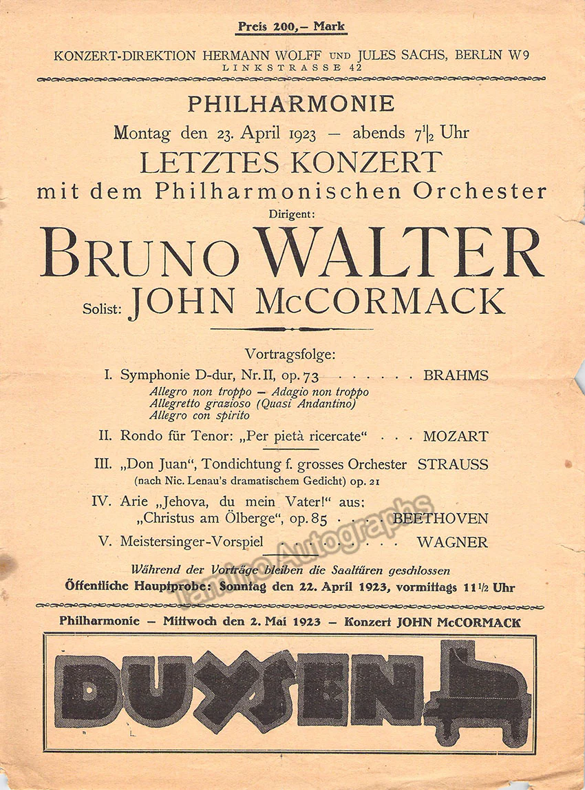 McCormack, John - Walter, Bruno - Program Recital Berlin 1923