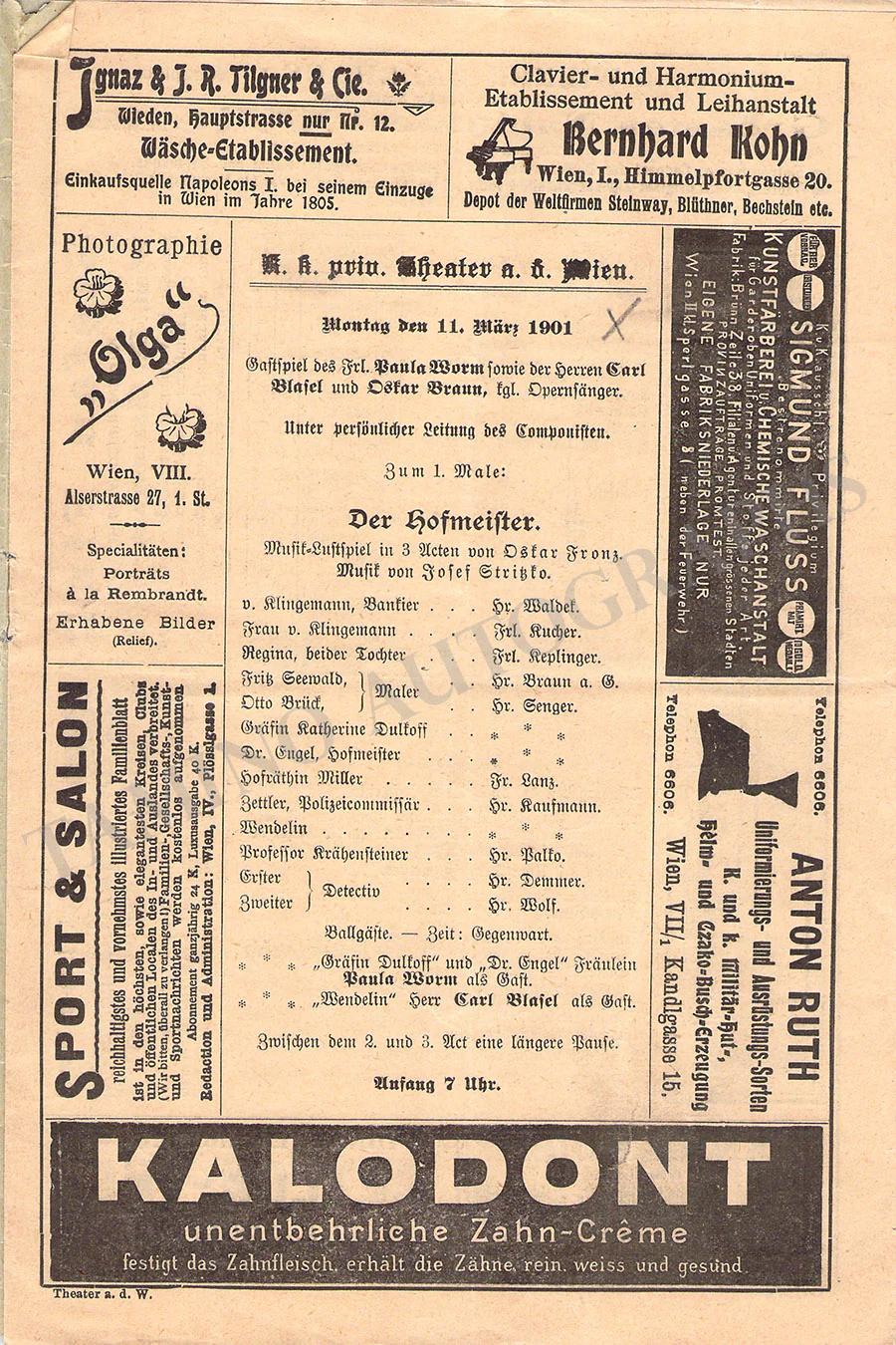Stritzko, Josef - Program World Premiere Der Hofmeister Vienna 1901 - Image 2