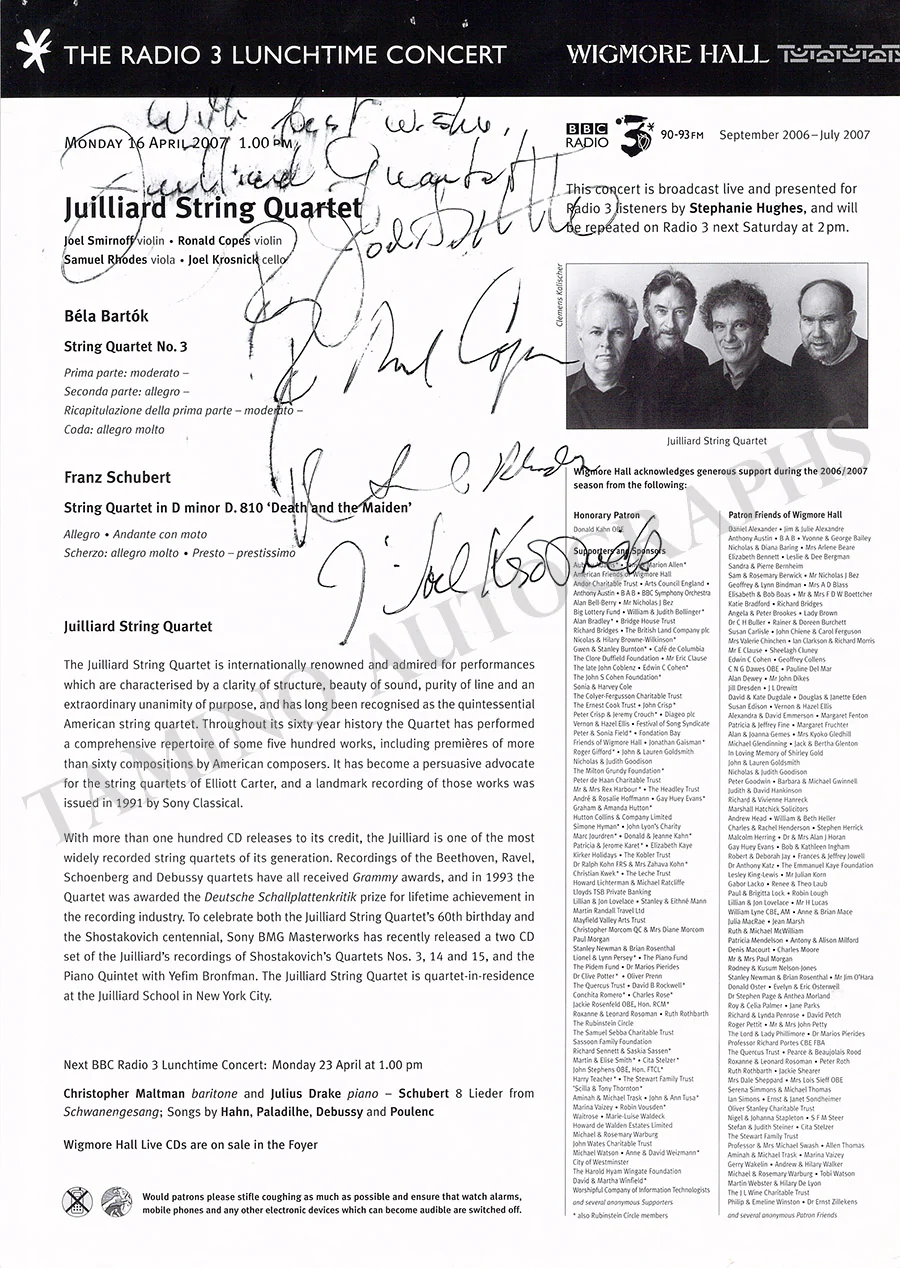 Juilliard String Quartet - Signed Program London 2007