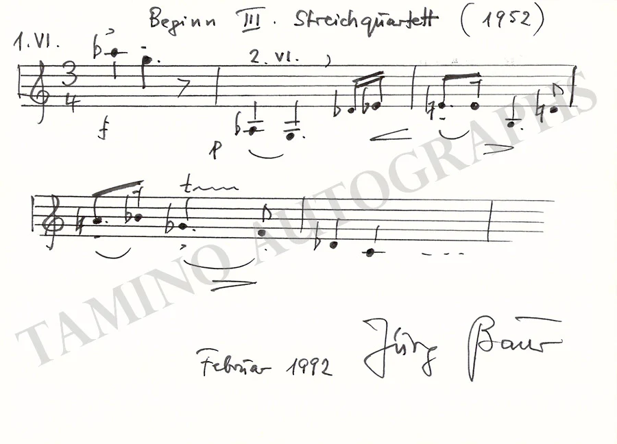 Baur, Jurg - Autograph Music Quote Signed 1992