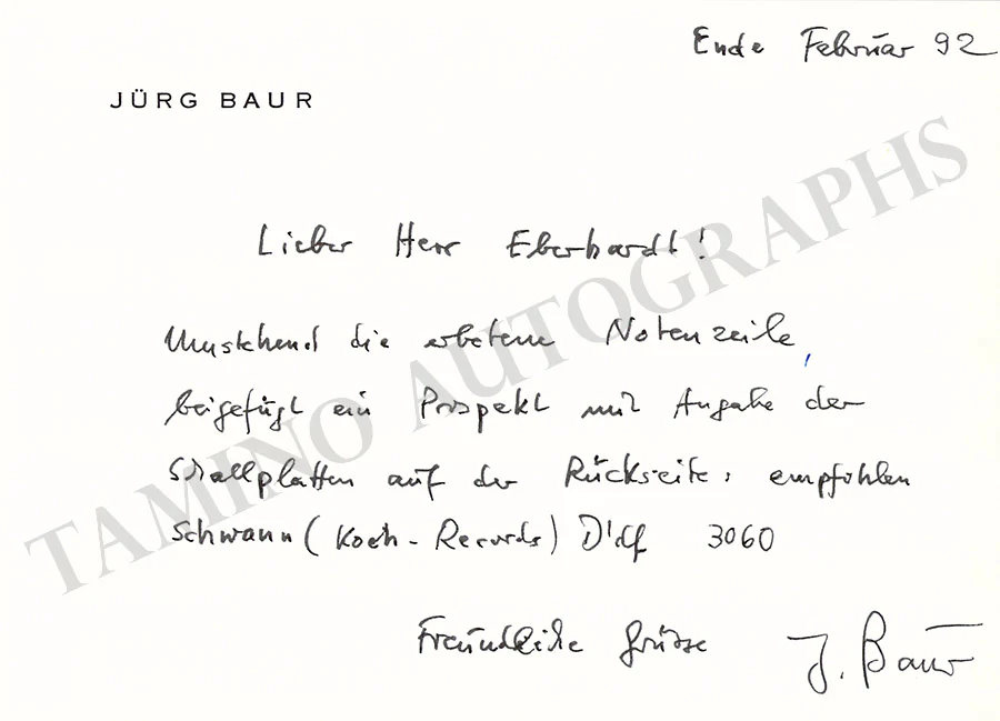 Baur, Jurg - Autograph Music Quote Signed 1992 - Image 2