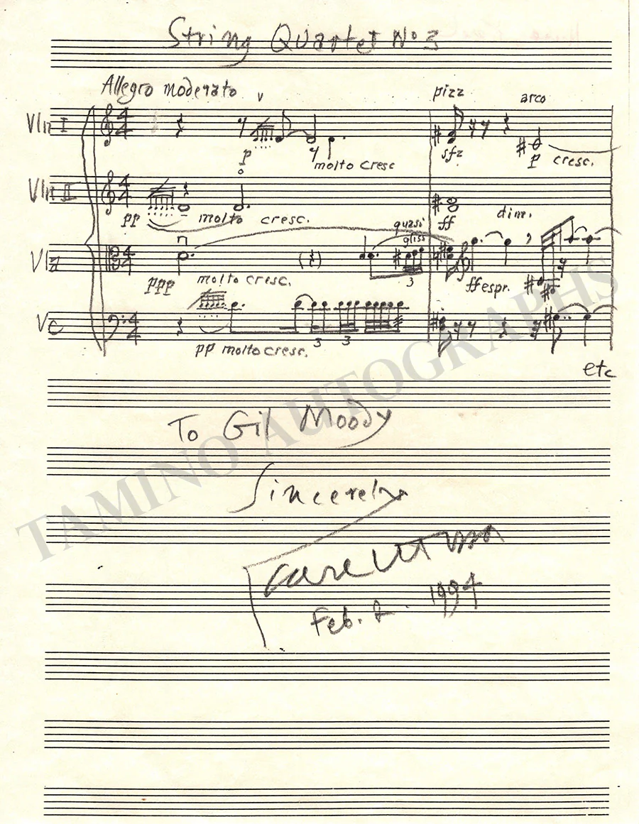 Husa, Karel - Autograph Music Quote Signed 1994