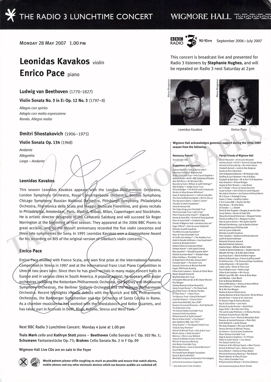 Kavakos, Leonidas - Pace, Enrico - Signed Program London 2007