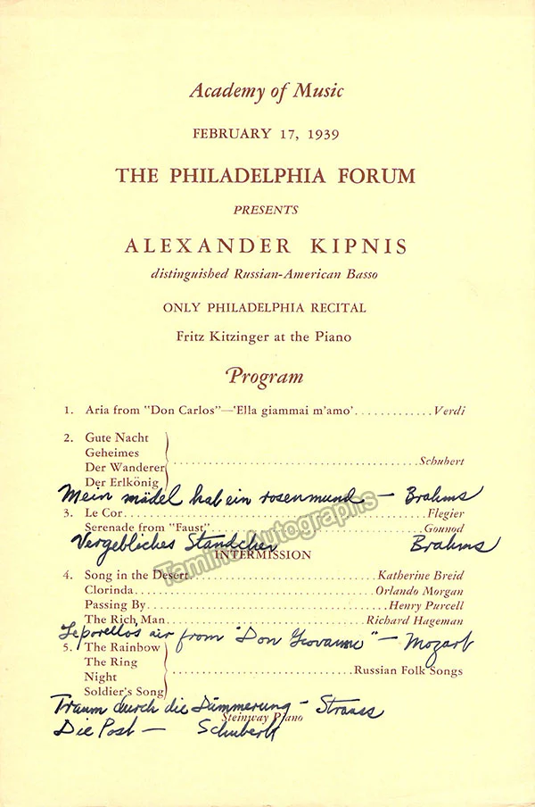 Kipnis, Alexander - Kitzinger, Fritz - Signed Program 1939 - Image 2