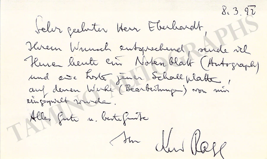 Rapf, Kurt - Printed Music Quote Signed 1992 - Image 2