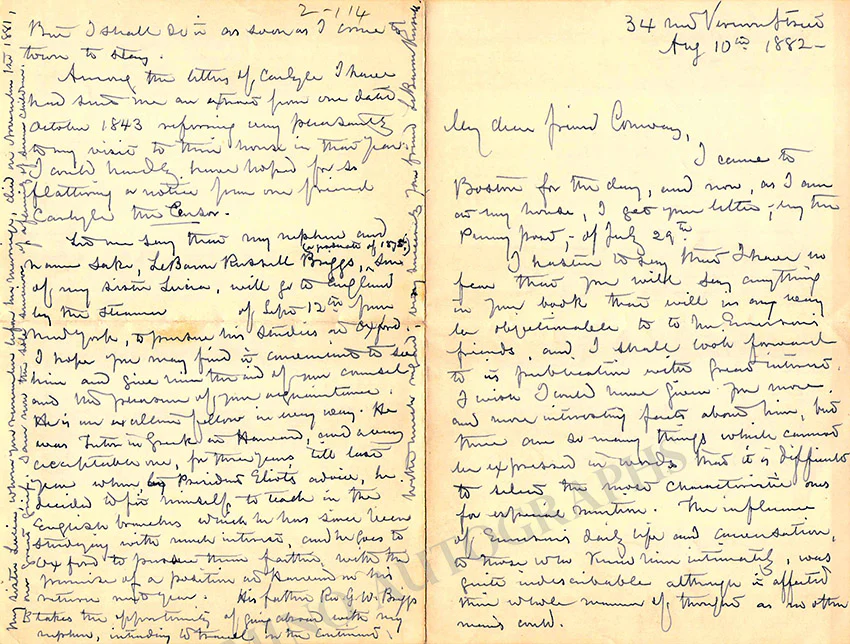 Briggs, LeBaron Russell - Set of 2 Autograph letters Signed 1882