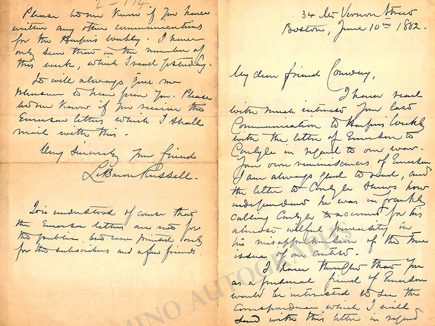 Briggs, LeBaron Russell - Set of 2 Autograph letters Signed 1882 - Image 3