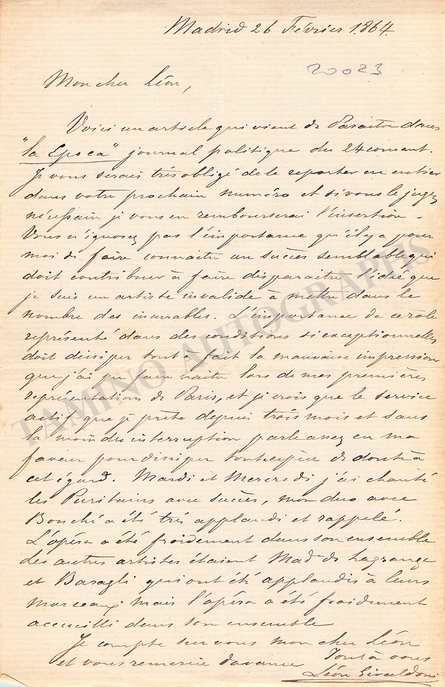 Giraldoni, Leone - Autograph Letter Signed 1864