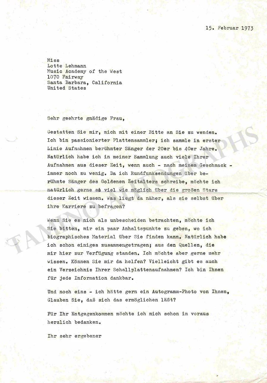 Lehmann, Lotte - Autograph Letter Signed 1973 - Image 2