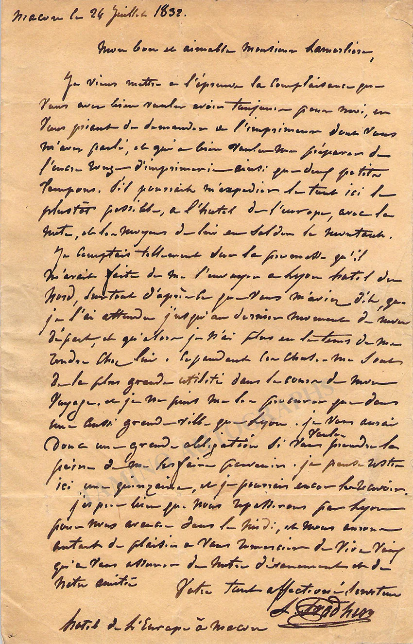 Pradher, Louis-Barthelemy - Autograph Letter Signed 1832
