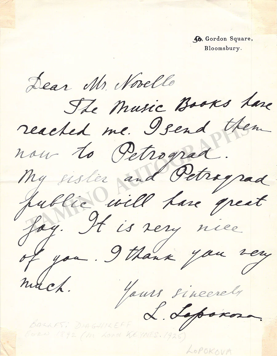 Lopokova, Lydia - Autograph Note Signed