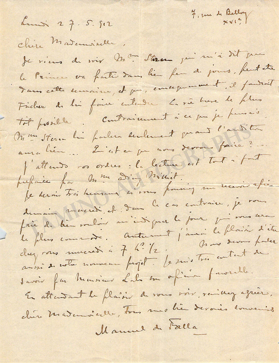 De Falla, Manuel - Autograph Letter Signed