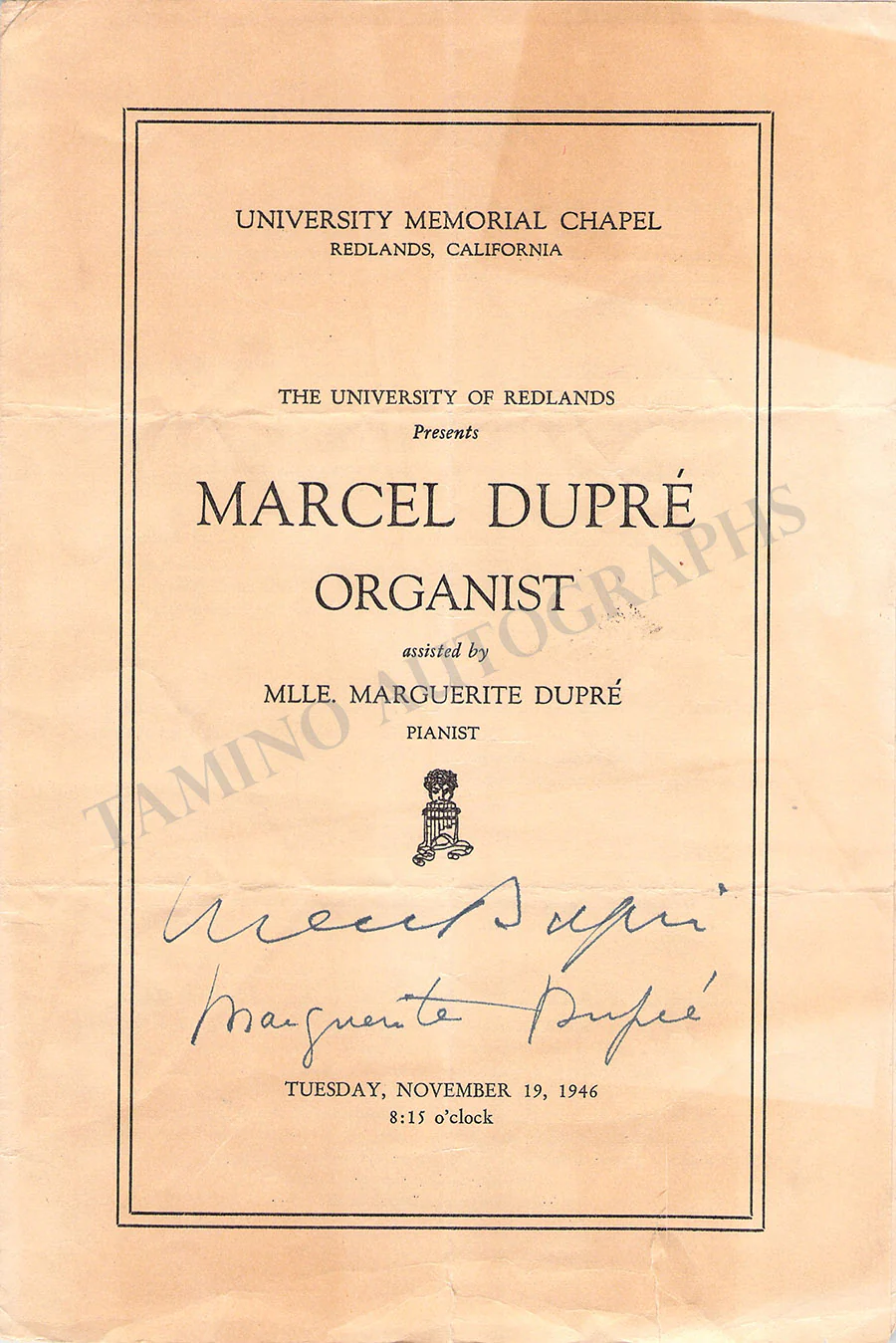 Dupré, Marcel - Signed Program Redlands 1946