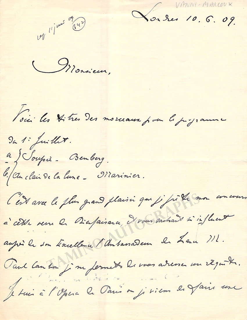 Marcoux, Vanni - Autograph Letter Signed 1909