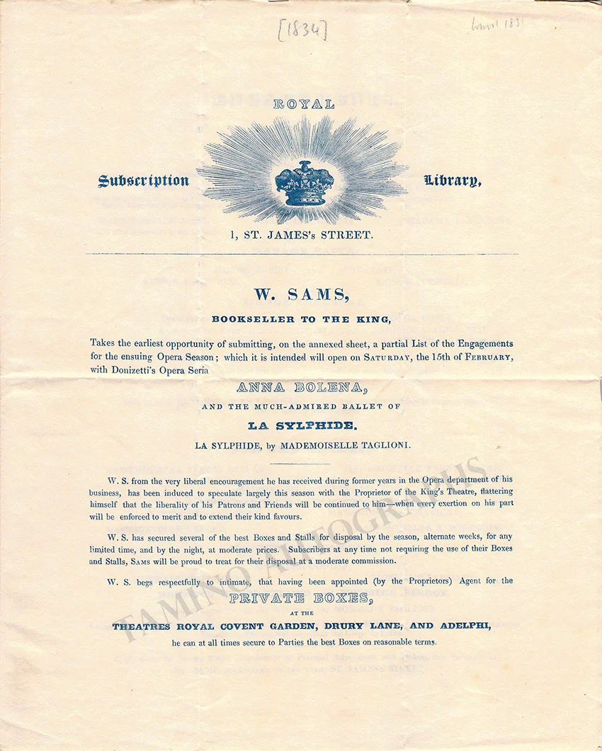 Taglione, Marie - Pasta, Giuditta - Performance Playbill 1834