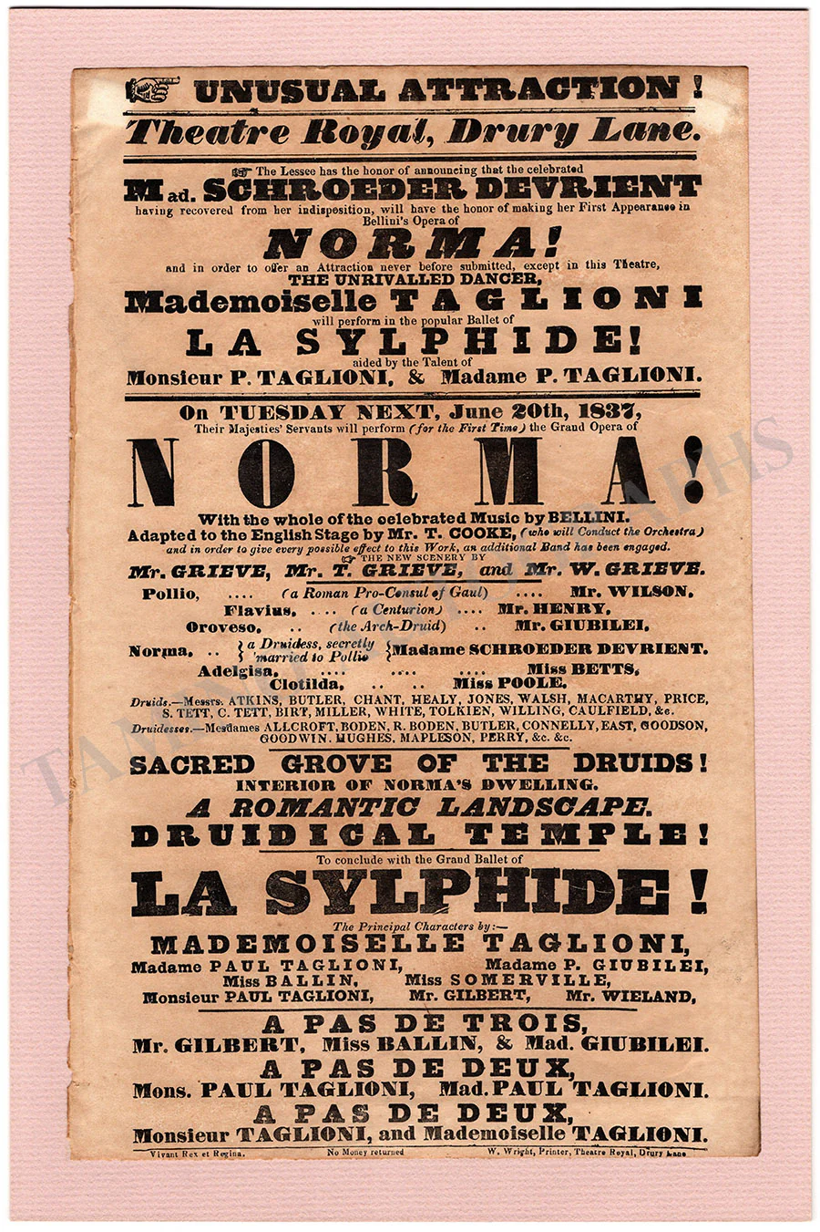 Taglioni, Marie - Vintage Playbill London 1837
