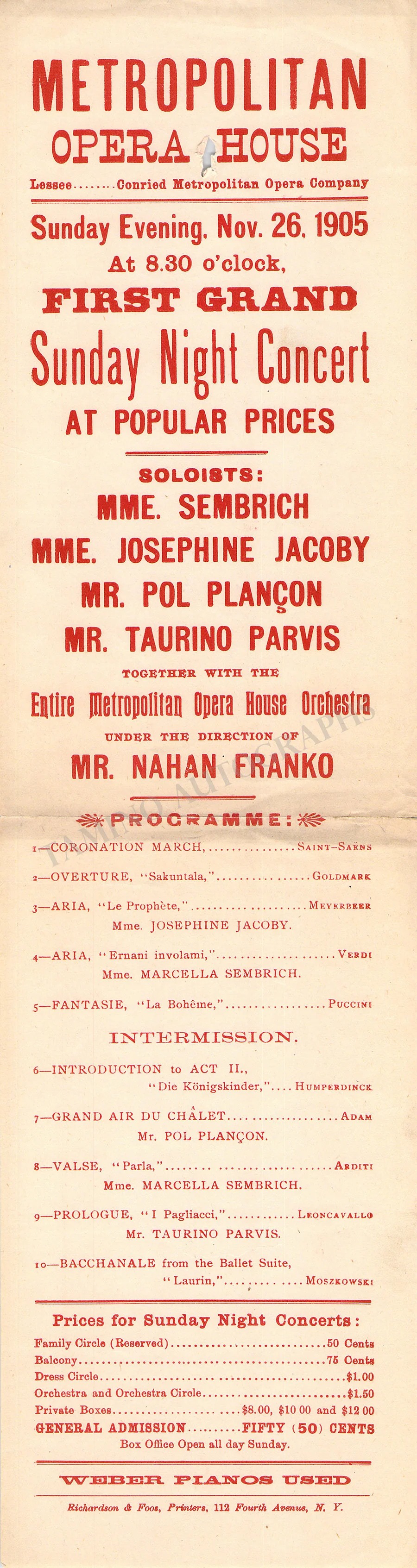 Metropolitan Opera - Set of 2 Playbills 1905 - Image 2