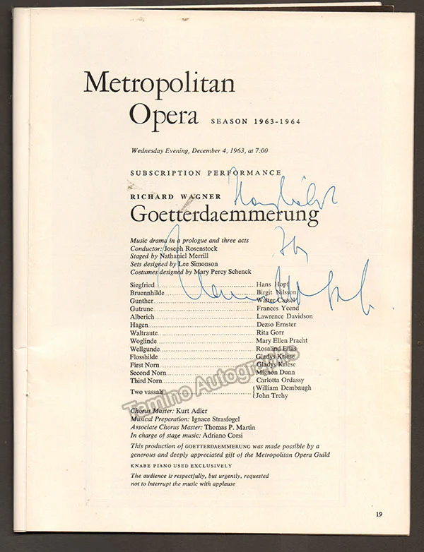Metropolitan Opera - Signed Program Clips 1909-1963 (Various Autographs) - Image 43