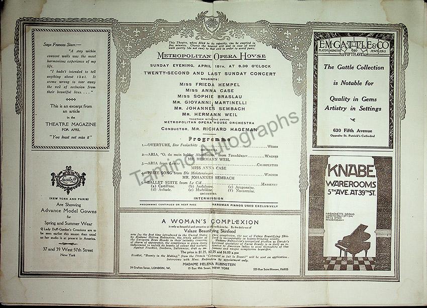 Metropolitan Opera - Sunday Concerts Program Lot 1910-1915 - Image 17