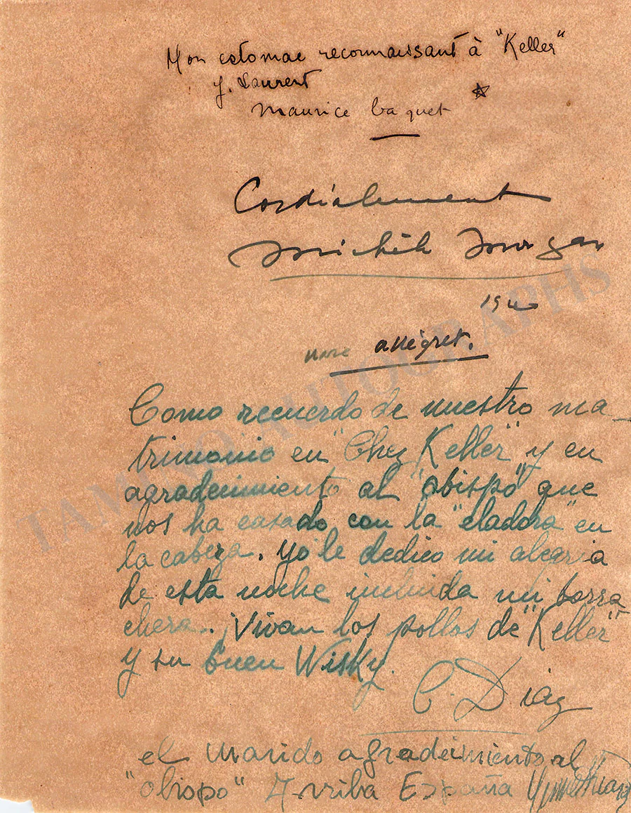 Morgan, Michele - Allegret, Marc - Baquet, Maurice - Signed Page