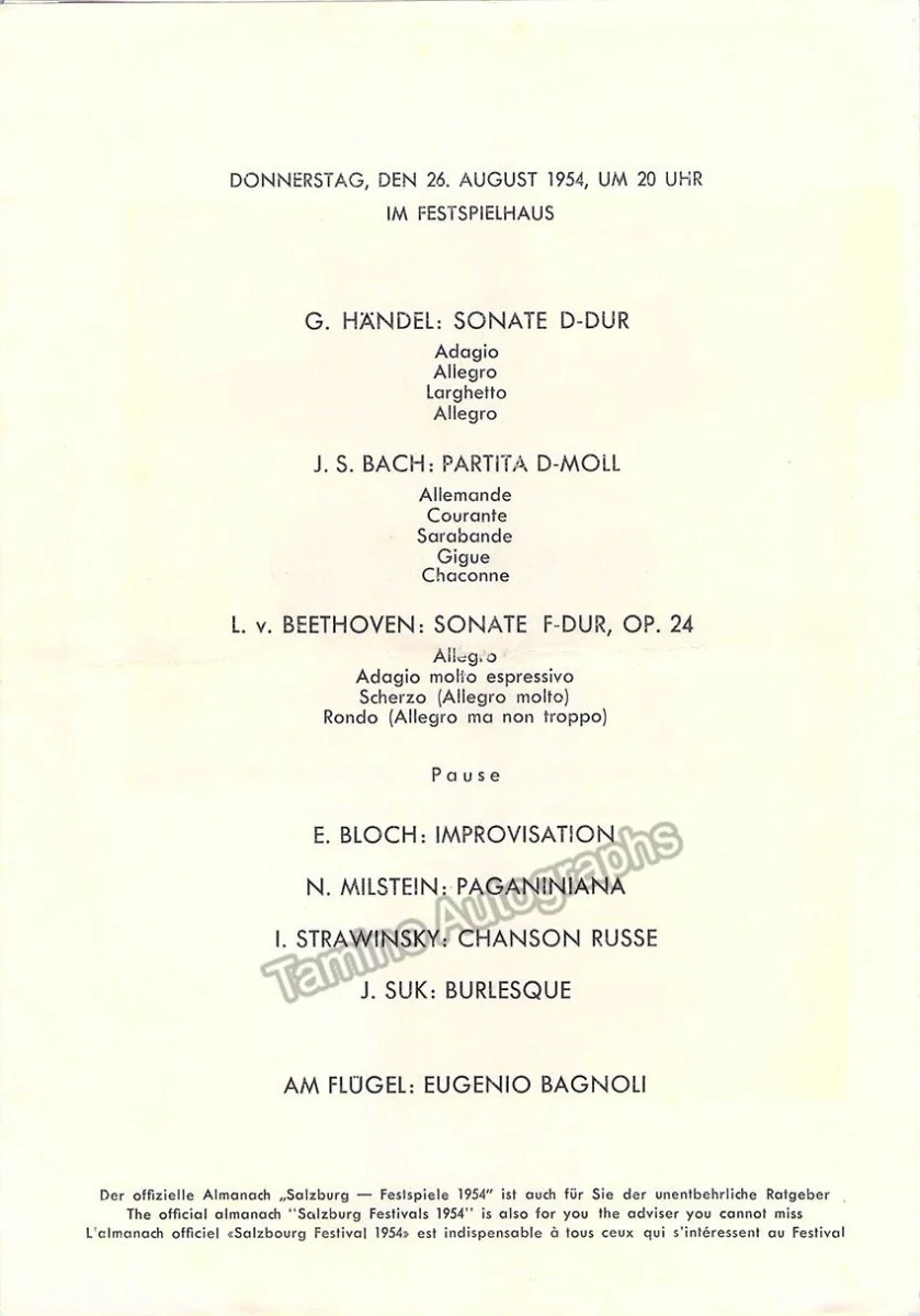 Milstein, Nathan - Unsigned Concert Programs (Various Options) - Image 2