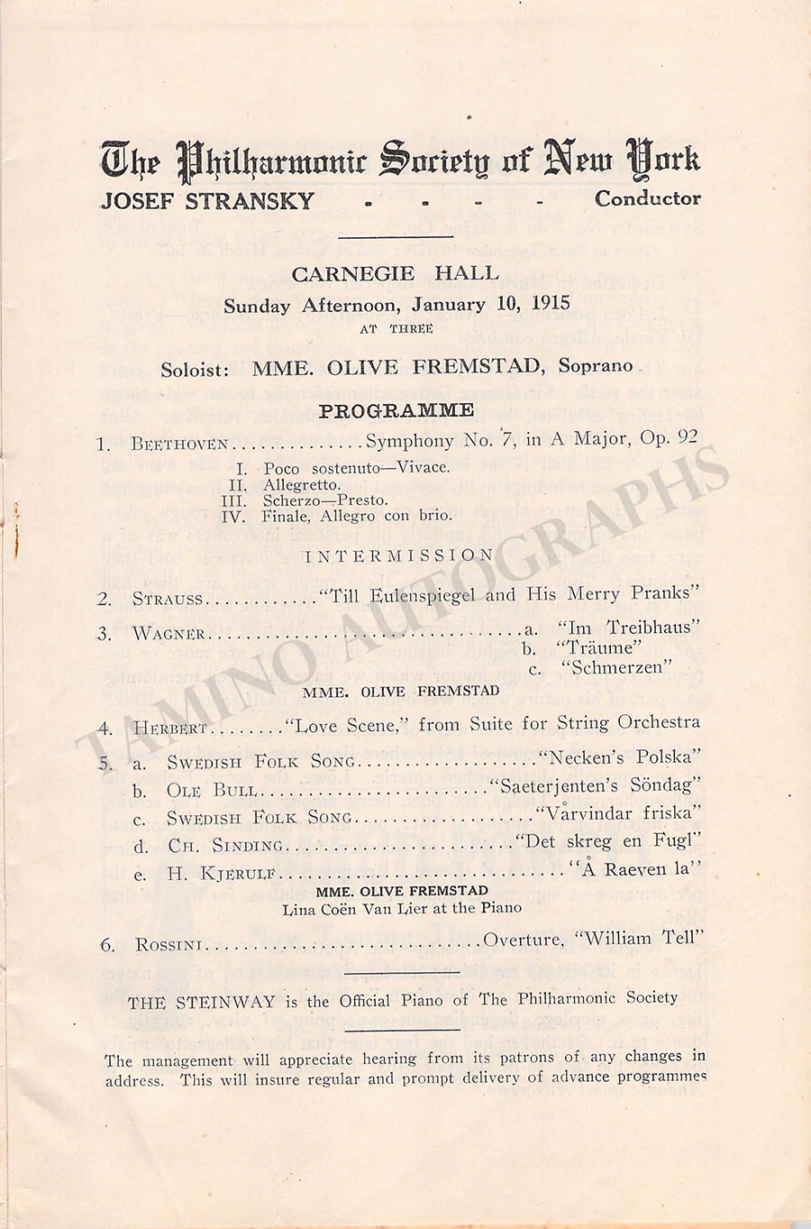 Fremstad, Olive - Gluck, Alma - Recital Program New York 1915 - Image 2
