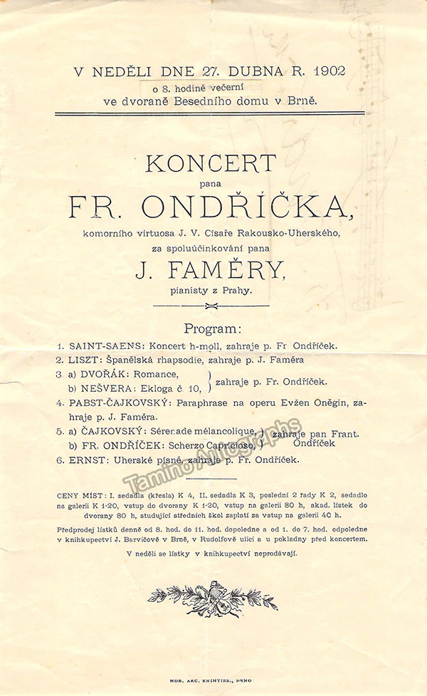 Ondricek, Frantisek - Signed Playbill