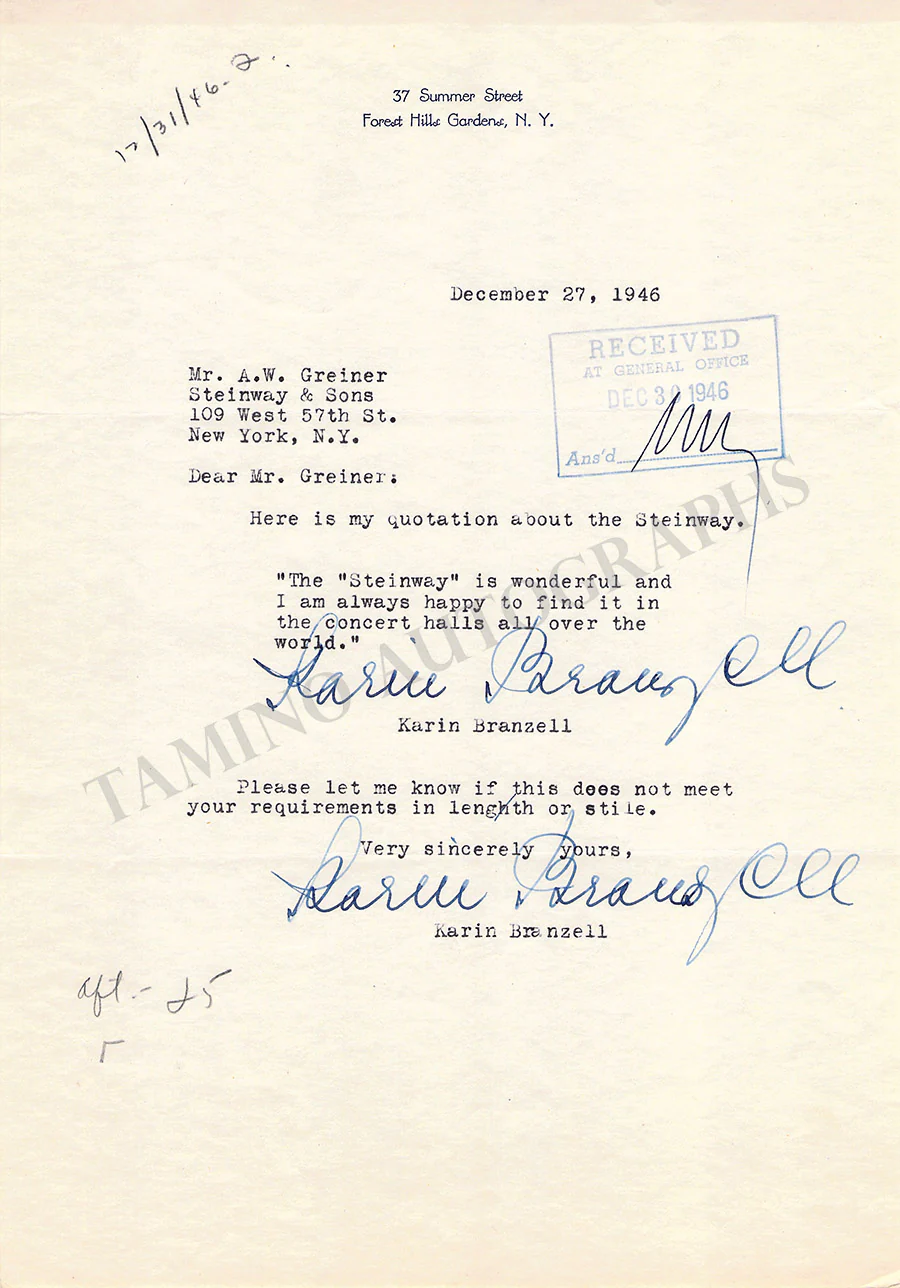 Opera Singers - Collection of 54 Autograph Letters to Steinway & Sons Pianos - Image 50