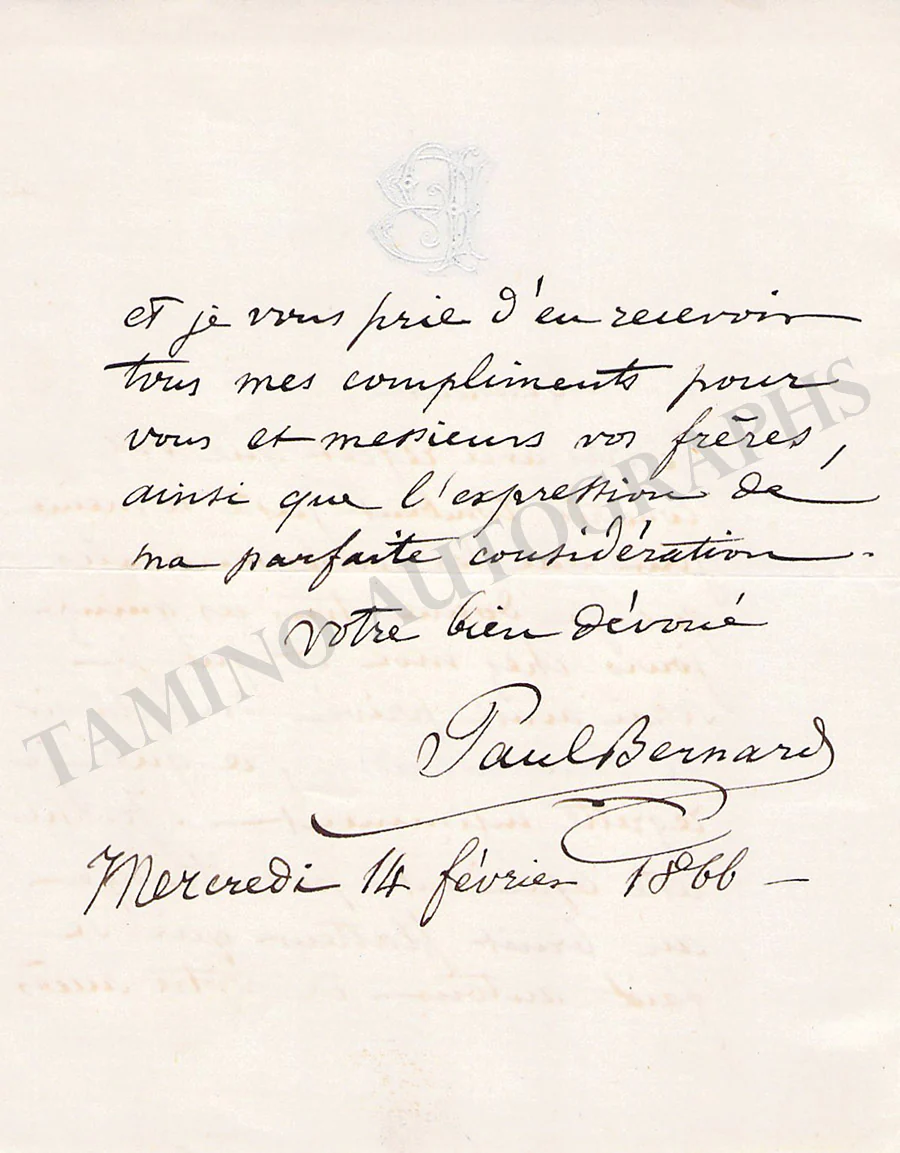Bernard, Paul - Autograph Letter Signed 1866 - Image 2
